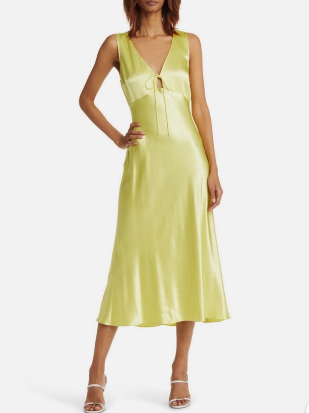 NEW RAILS Cindy Sleek Body Hugging Satin Silk Butter Yellow Gold Midi Dress. M